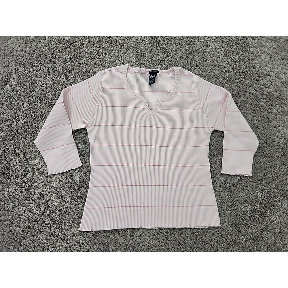 Gap Ribbed Knit Top Womens L Pink Striped 3/4 Sleeve Stretch Lettuce Trim Casual